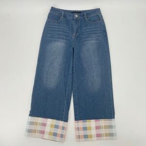 English Factory Womens Wide Leg Plaid Cuff Jeans Medium Wash High Rise Size S